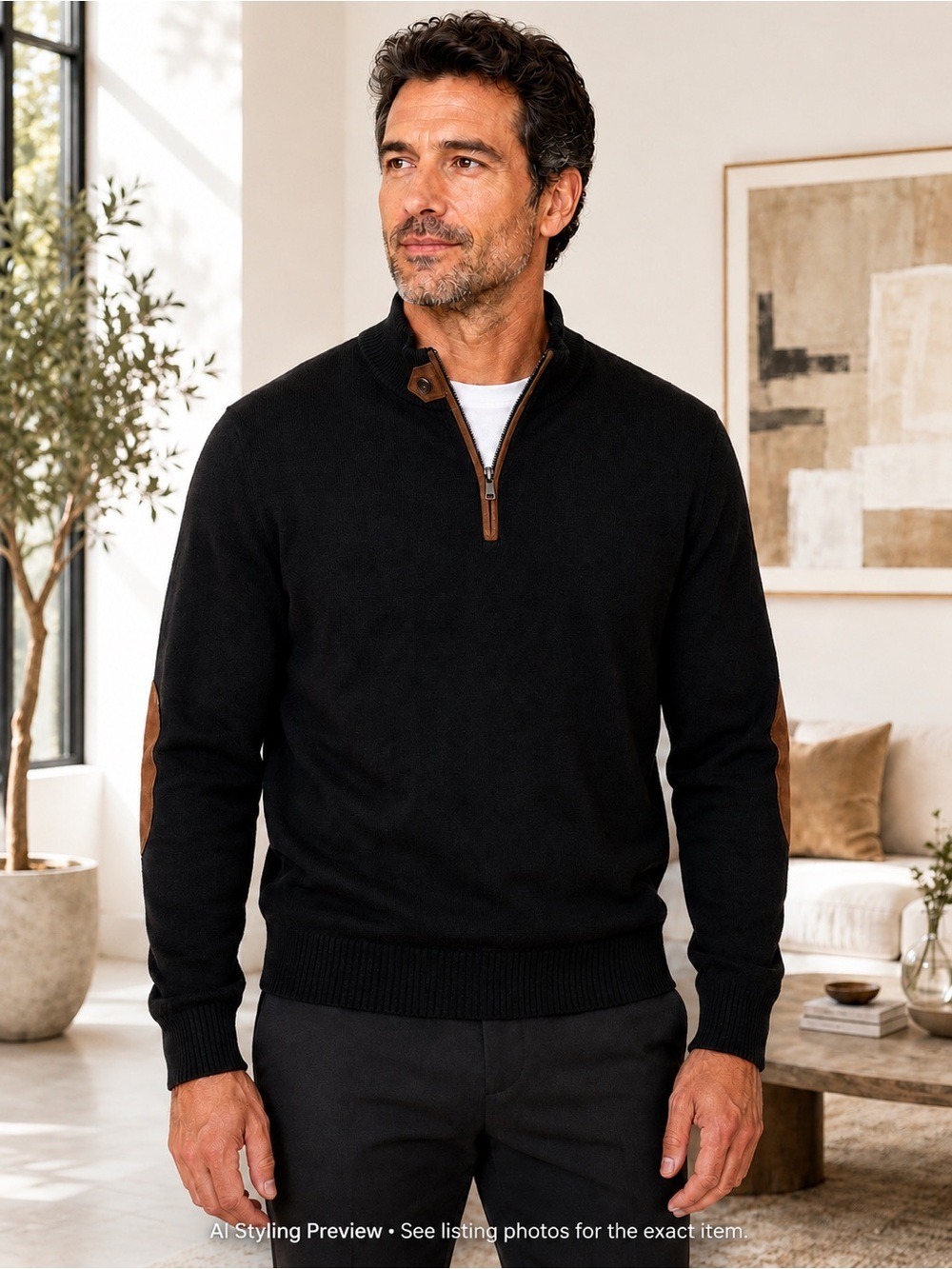 Brice Men’s XL Cotton Cashmere Quarter Zip Sweater Black Brown Trim